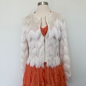 Guess Chevron Fringe Cropped Jacket Pearl White Satin